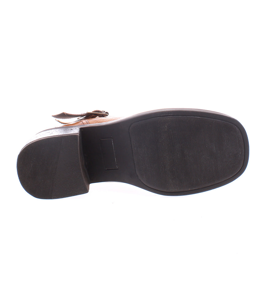 
                  
                    The image shows the bottom view of the Roan Spry, a hand-finished leather dress shoe with a flat, textured rubber sole and a low heel.
                  
                
