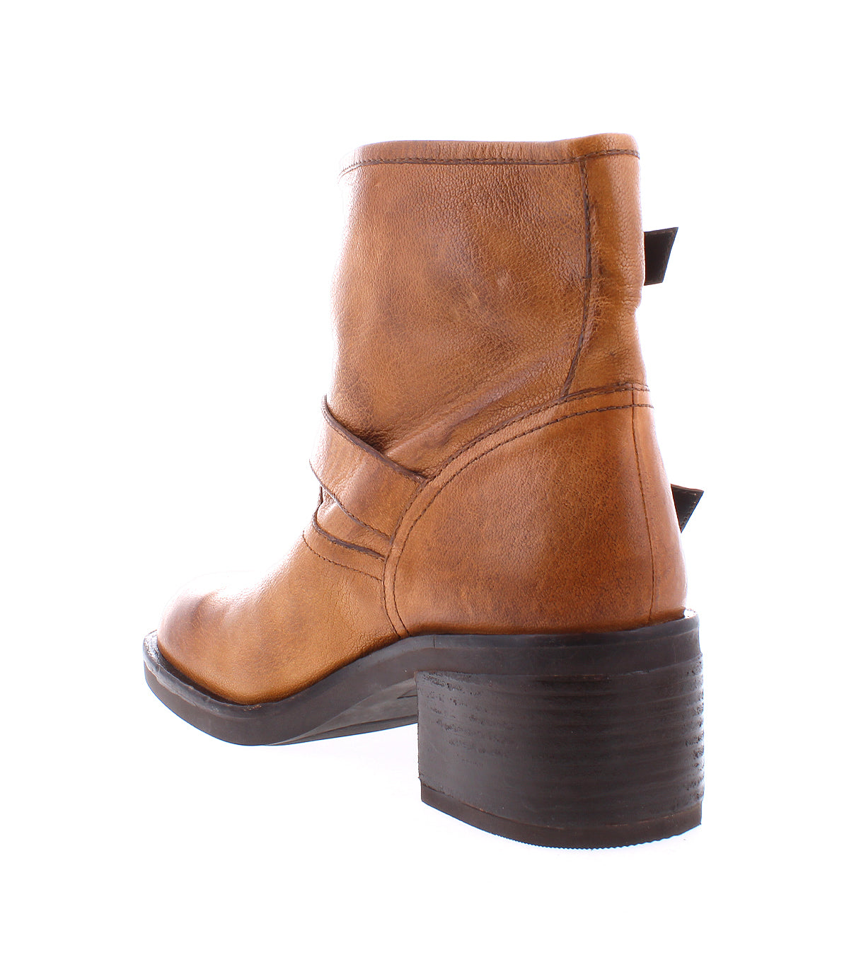 
                  
                    The Roan Spry brown hand-finished leather ankle boot features a low chunky heel, decorative stitching, and double buckle straps; shown from the back left on a white background.
                  
                