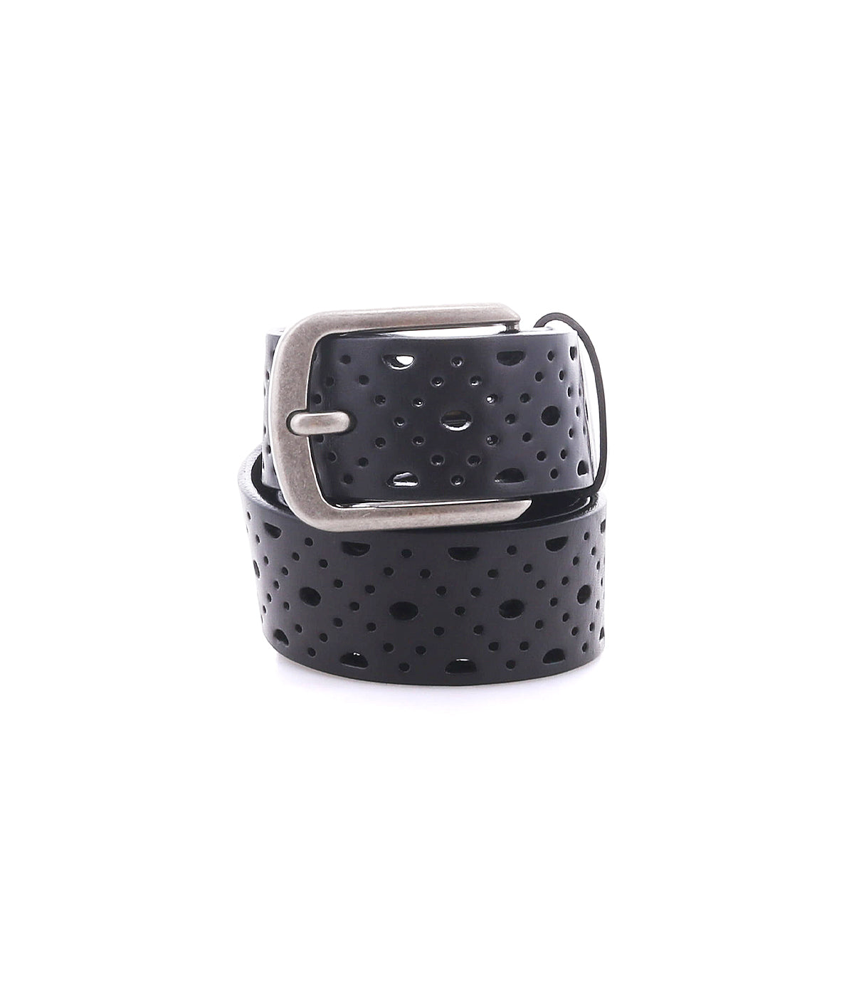 The Roan Spurline is a black leather belt with a silver metal buckle, showcasing a perforated pattern of variously sized holes along the strap, displayed against a white background.