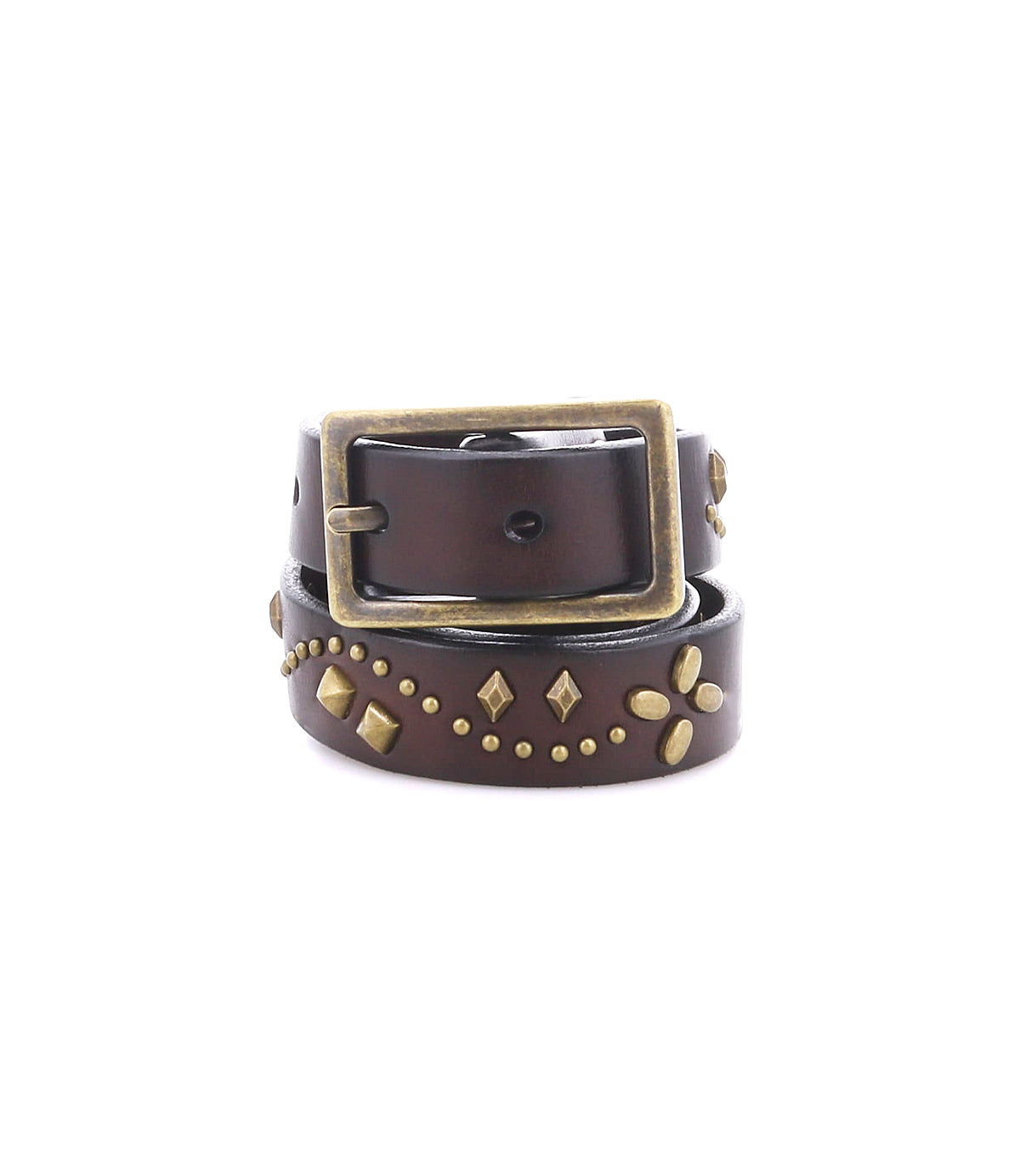 The Tackson brown leather belt by Roan features decorative metalwork, boasting a rectangular brass buckle and intricate brass studs arranged in elegant patterns—coiled on a white background.