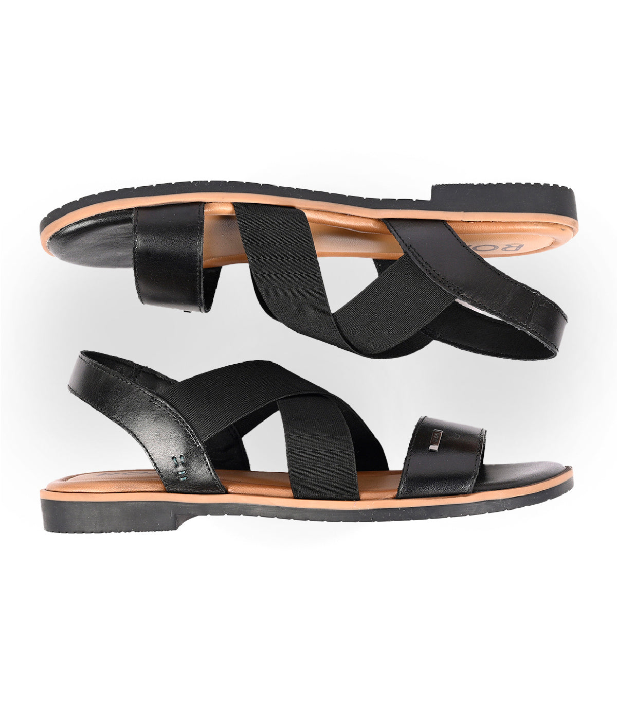 
                  
                    Theodora by Roan: black leather sandals featuring elastic crossover straps, flat soles, and open toes—shown from side and sole views for a comfortable fit.
                  
                