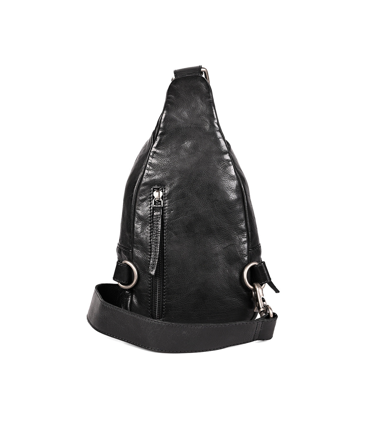 
                  
                    The Roan Trickle is a compact black leather sling bag with an adjustable strap and zipper pocket, designed for everyday versatility. Shown upright against a white background.
                  
                
