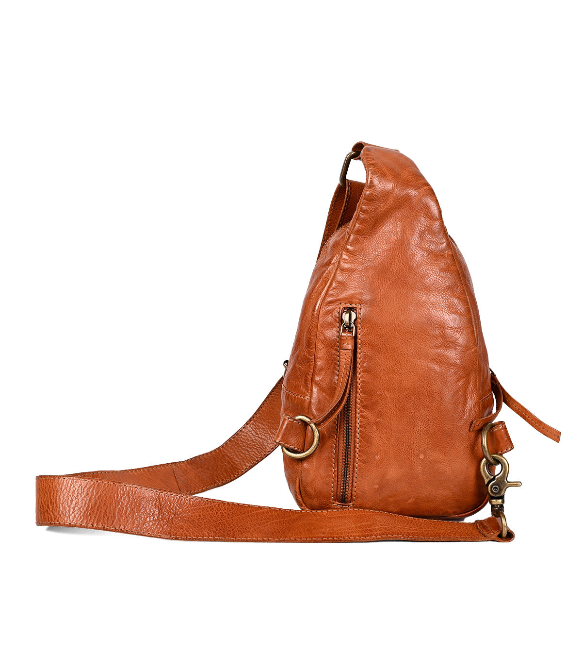 
                  
                    A side view of Roan’s Trickle bag—a compact leather design with metal hardware, a zipper pocket, and an adjustable strap for everyday versatility.
                  
                