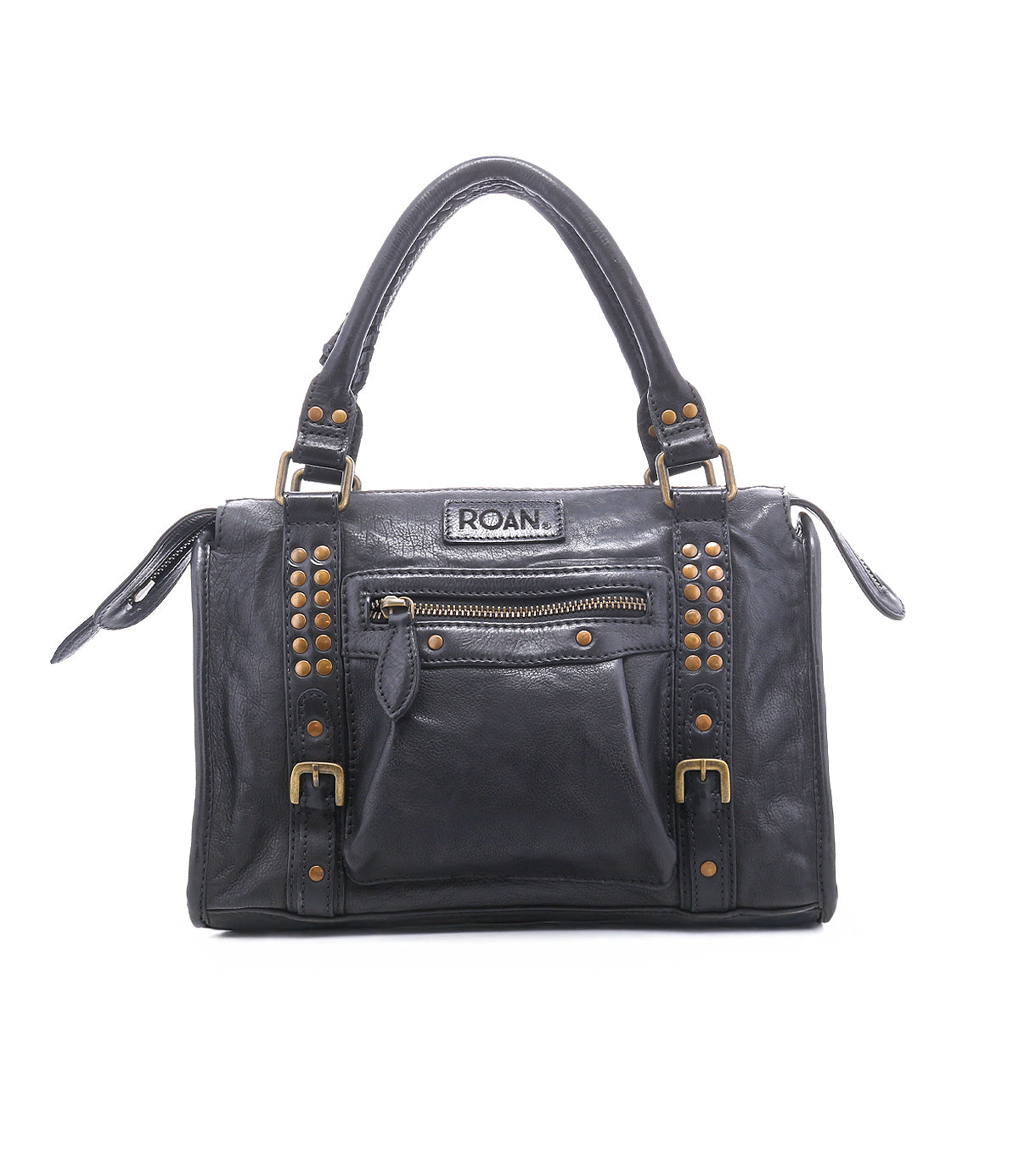 
                  
                    The Roan "Visual" black leather satchel features gold-tone studs, a front zip pocket, buckle details, dual handles, a crossbody strap, and a "ROAN" logo patch.
                  
                
