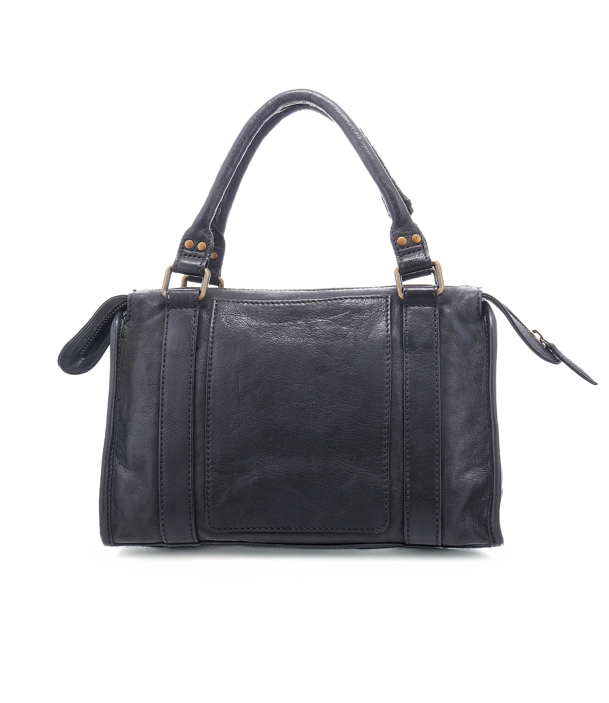 
                  
                    The Roan Visual is a black leather satchel with dual handles, gold-tone hardware, studded accents, and a front pocket, shown against a white background.
                  
                