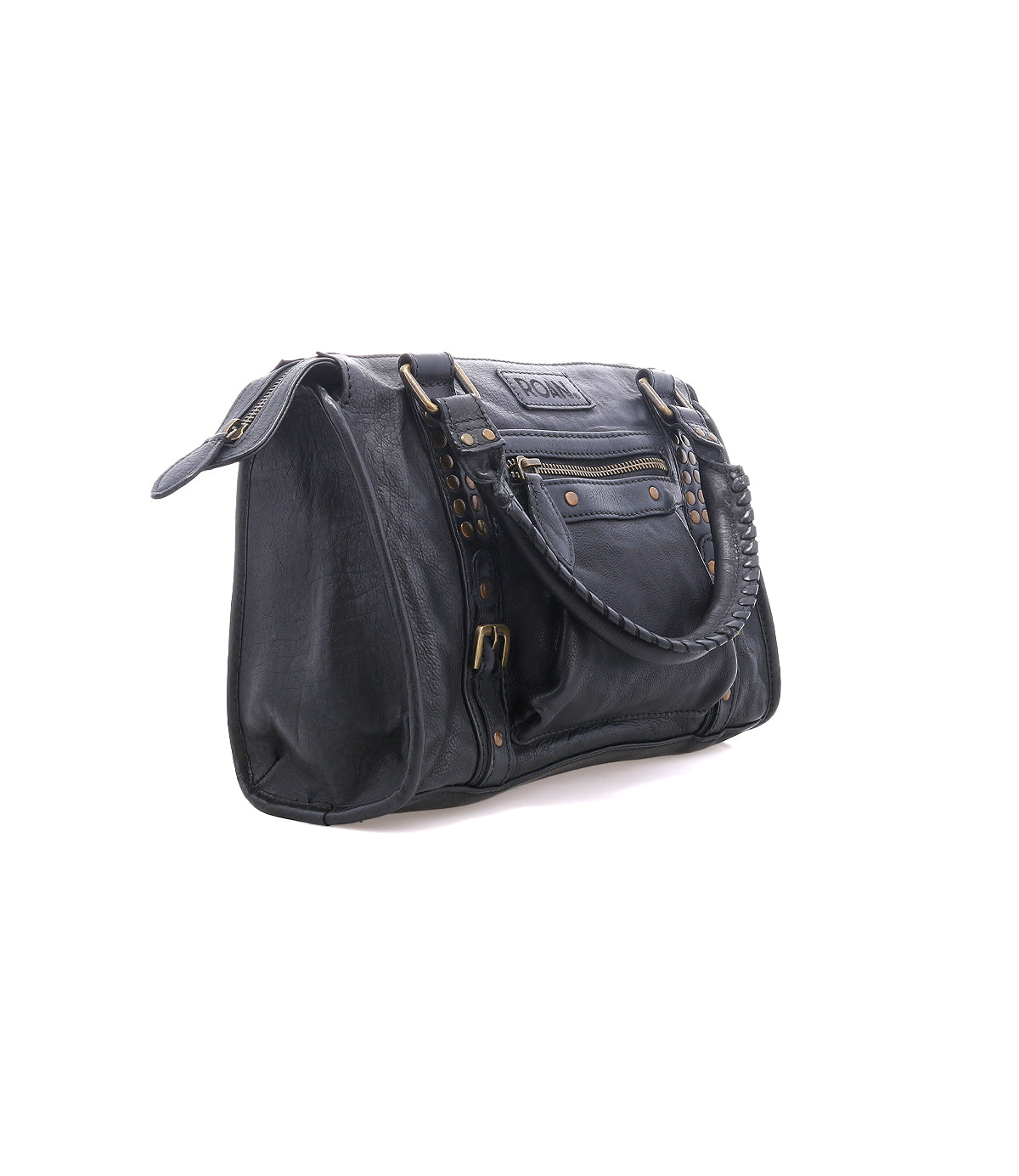 
                  
                    The Roan Visual is a black leather satchel with a braided handle, front zipper pocket, and gold-tone hardware, shown against a white background.
                  
                