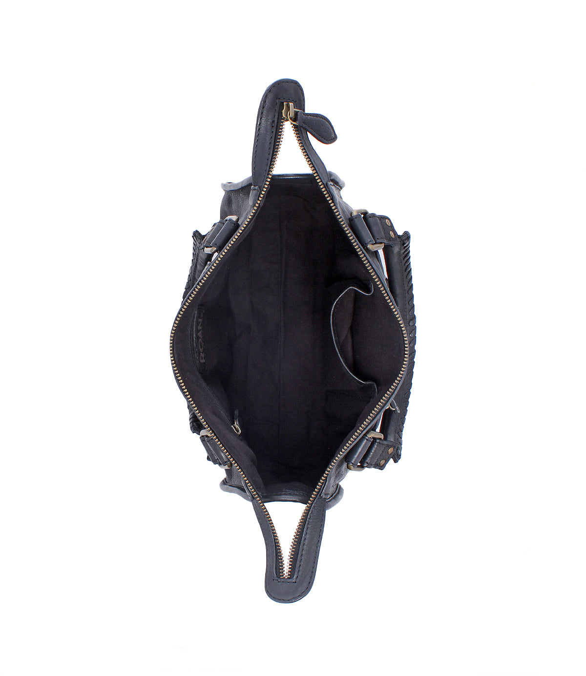 
                  
                    Top view of the Roan Visual satchel in black leather with a zip closure, displaying its empty interior, side pocket, dark fabric lining, and subtle studded accents.
                  
                