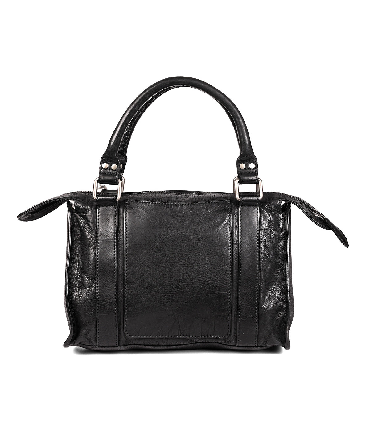 
                  
                    The Roan Visual is a black leather satchel with two handles and silver hardware, showcasing a rectangular silhouette, understated design, and subtle studded accents for modern flair.
                  
                
