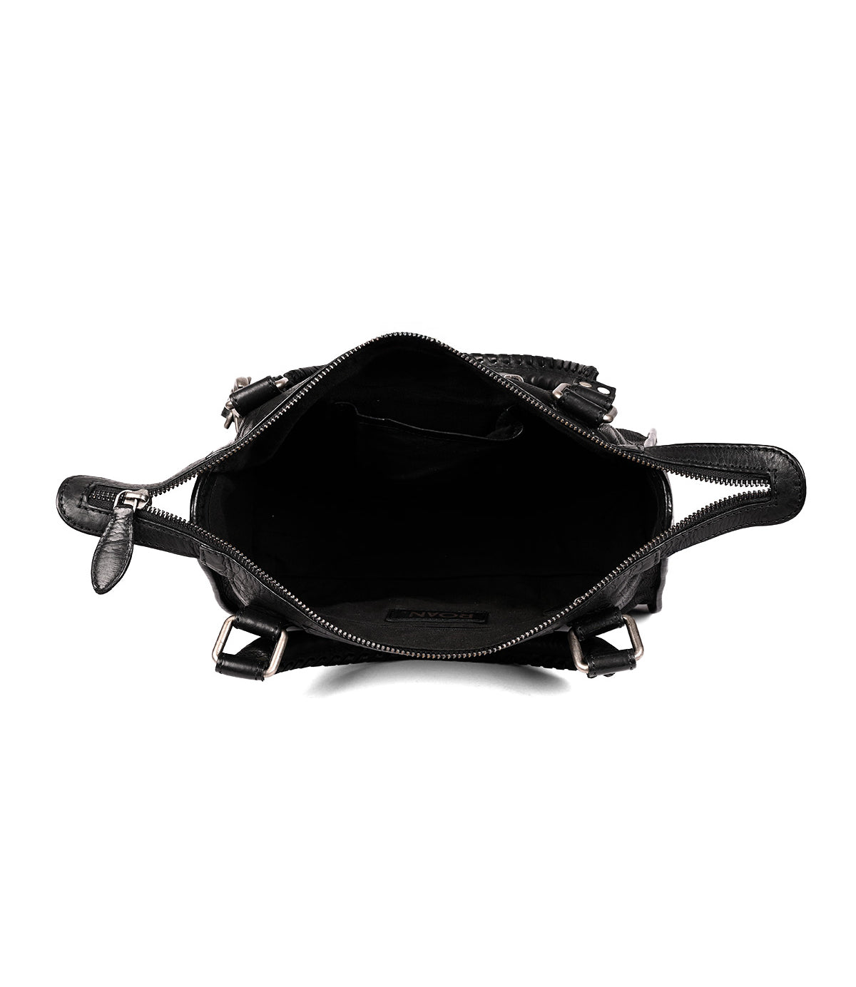 
                  
                    The Roan Visual black leather satchel is shown from above with a zippered opening, displaying its empty interior and internal pockets.
                  
                