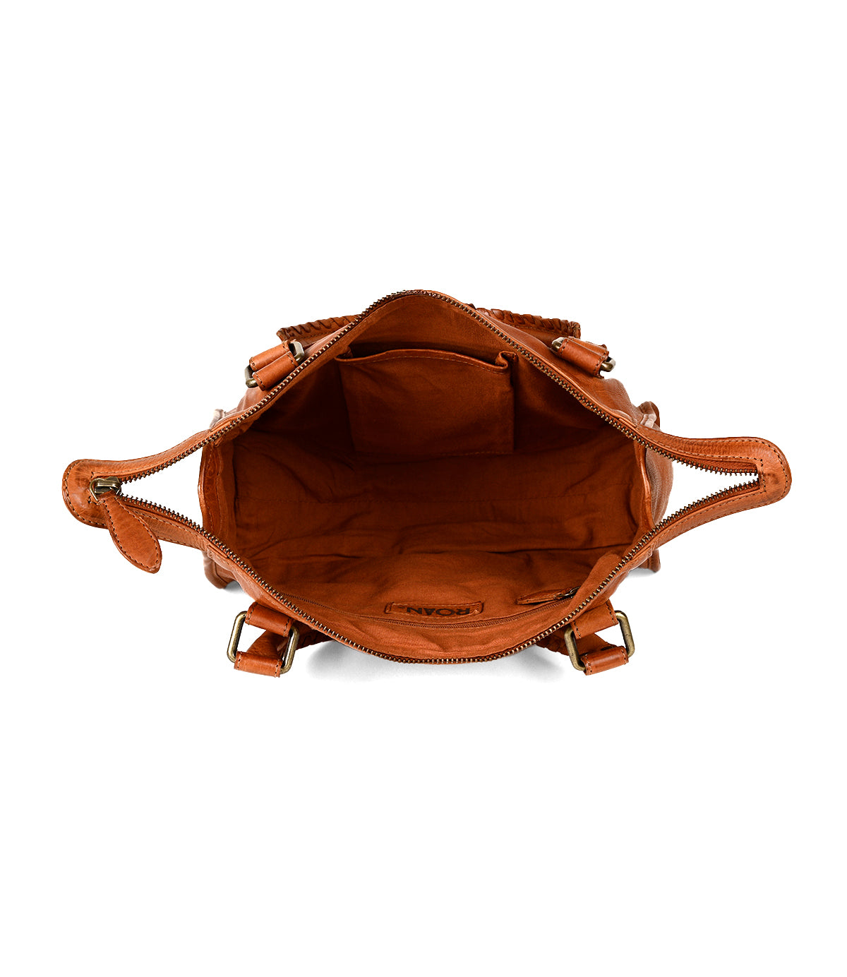 
                  
                    Top view of the Roan Visual brown leather satchel with its main compartment open, revealing multiple empty inner pockets.
                  
                