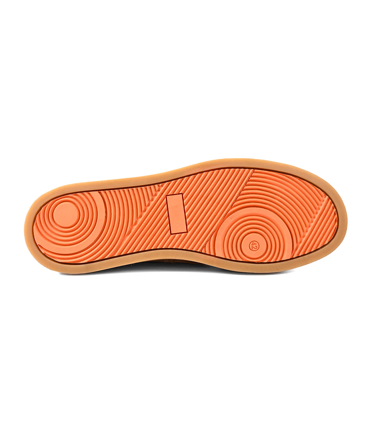 
                  
                    The image shows the orange rubber sole of the Roan Volunteer suede chukka, featuring a sneaker-style design with circular and linear tread patterns, viewed from the bottom.
                  
                