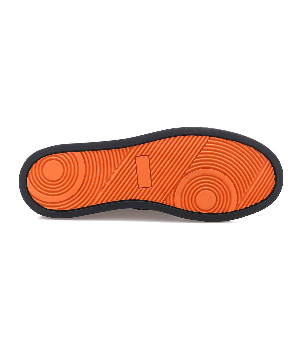 
                  
                    The image shows the orange rubber outsole of the Roan Volunteer shoe with a black border, featuring circular and linear tread patterns for grip, complemented by a sneaker-style sole that enhances both comfort and traction.
                  
                