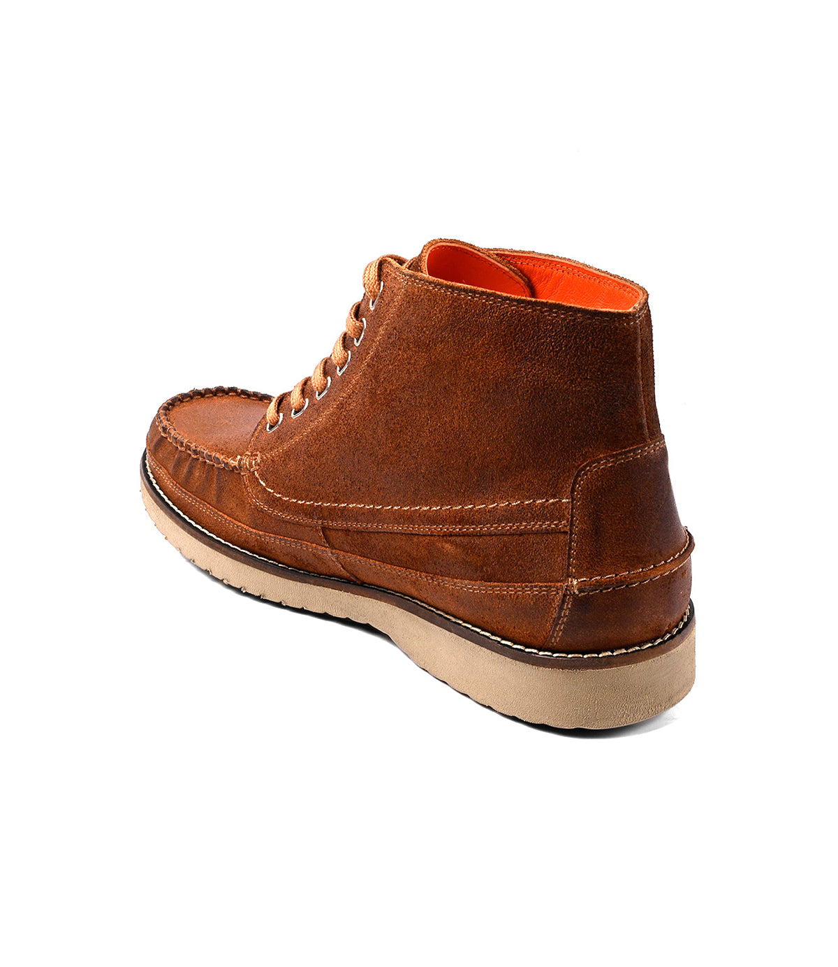
                  
                    The Roan Warden is a brown leather moc toe chukka boot with a beige rubber sole and cushioned insole, shown from the back and side on a white background.
                  
                