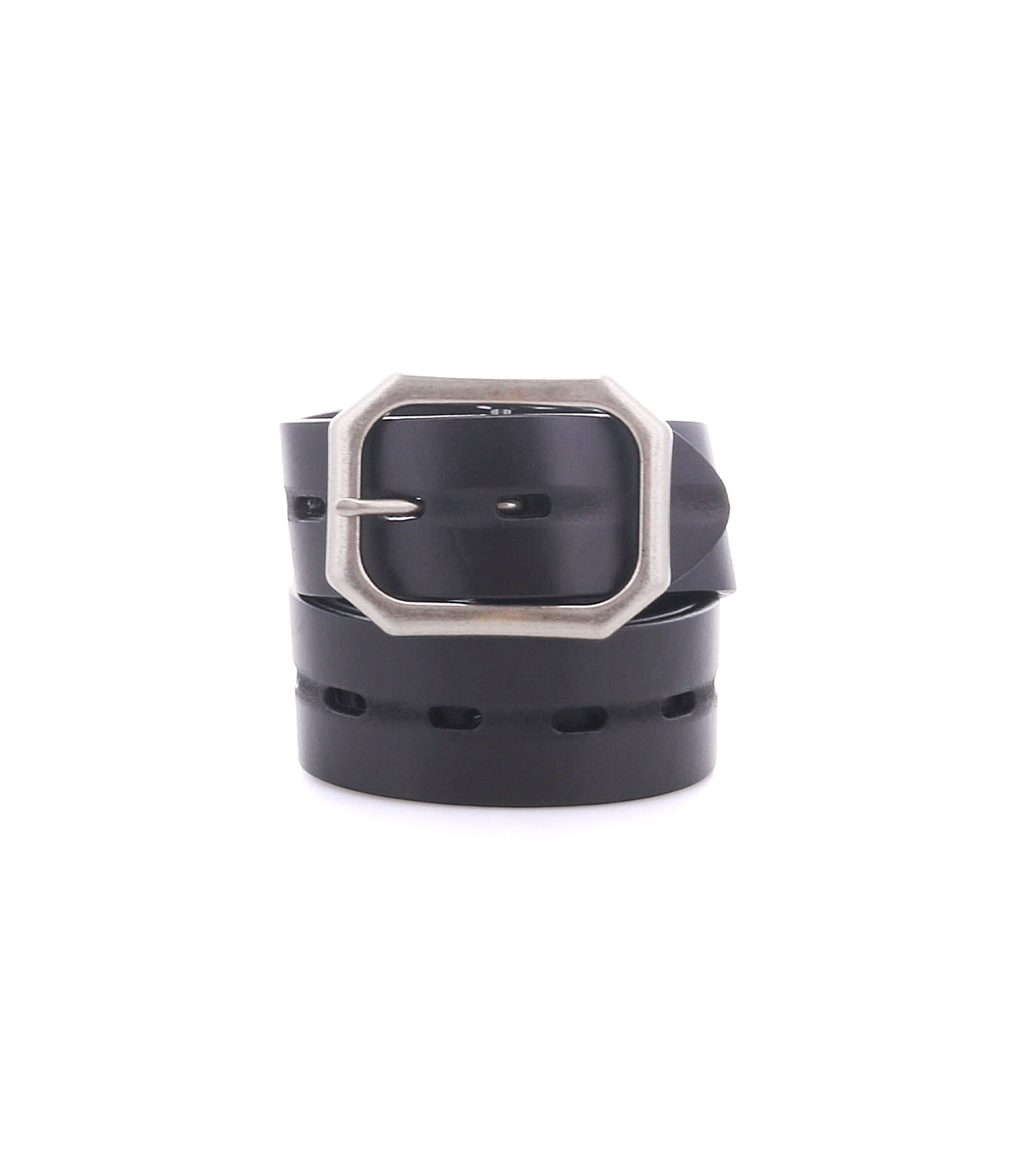 The Roan Waymark is a rolled black leather belt with stitched edges and a silver square buckle, displayed against a plain white background.