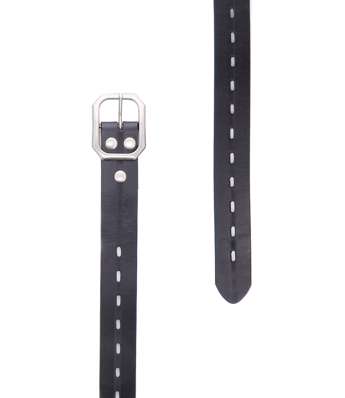 The Roan Waymark black leather belt showcases a supple leather strap with neatly stitched edges and a silver rectangular buckle, displayed fastened and unfastened against a white background.