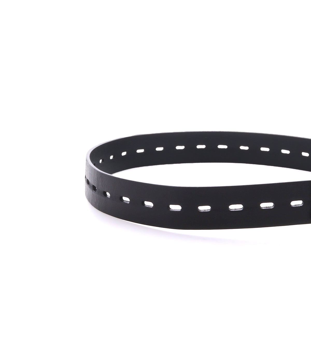 
                  
                    The Roan Waymark belt, featuring a black leather strap with evenly spaced rectangular cutouts and neatly stitched edges, is displayed on a white background.
                  
                