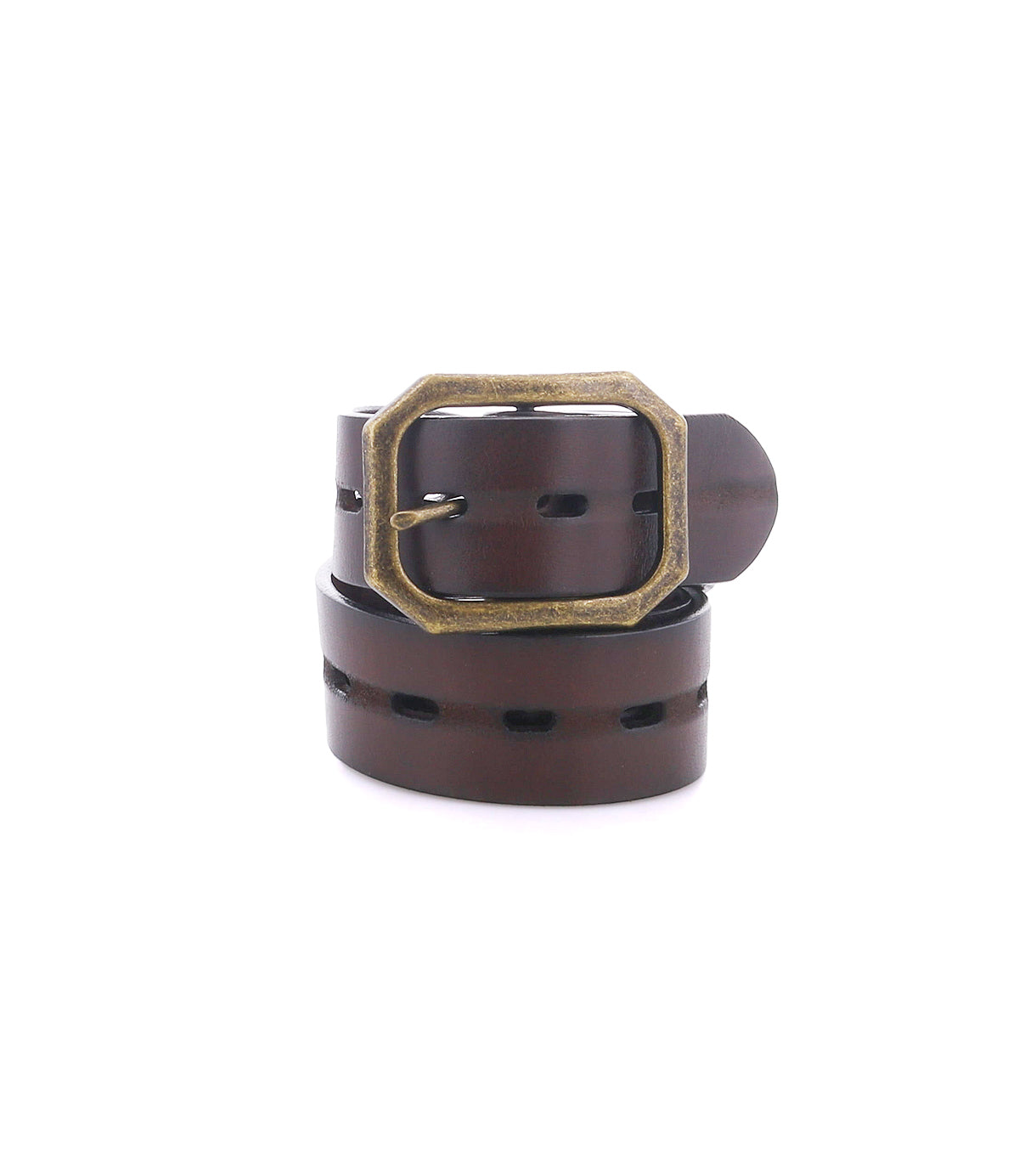 
                  
                    The Roan Waymark brown leather belt, showcasing stitched edges and a rectangular brass buckle with horizontal slotted holes, is coiled against a plain white background.
                  
                