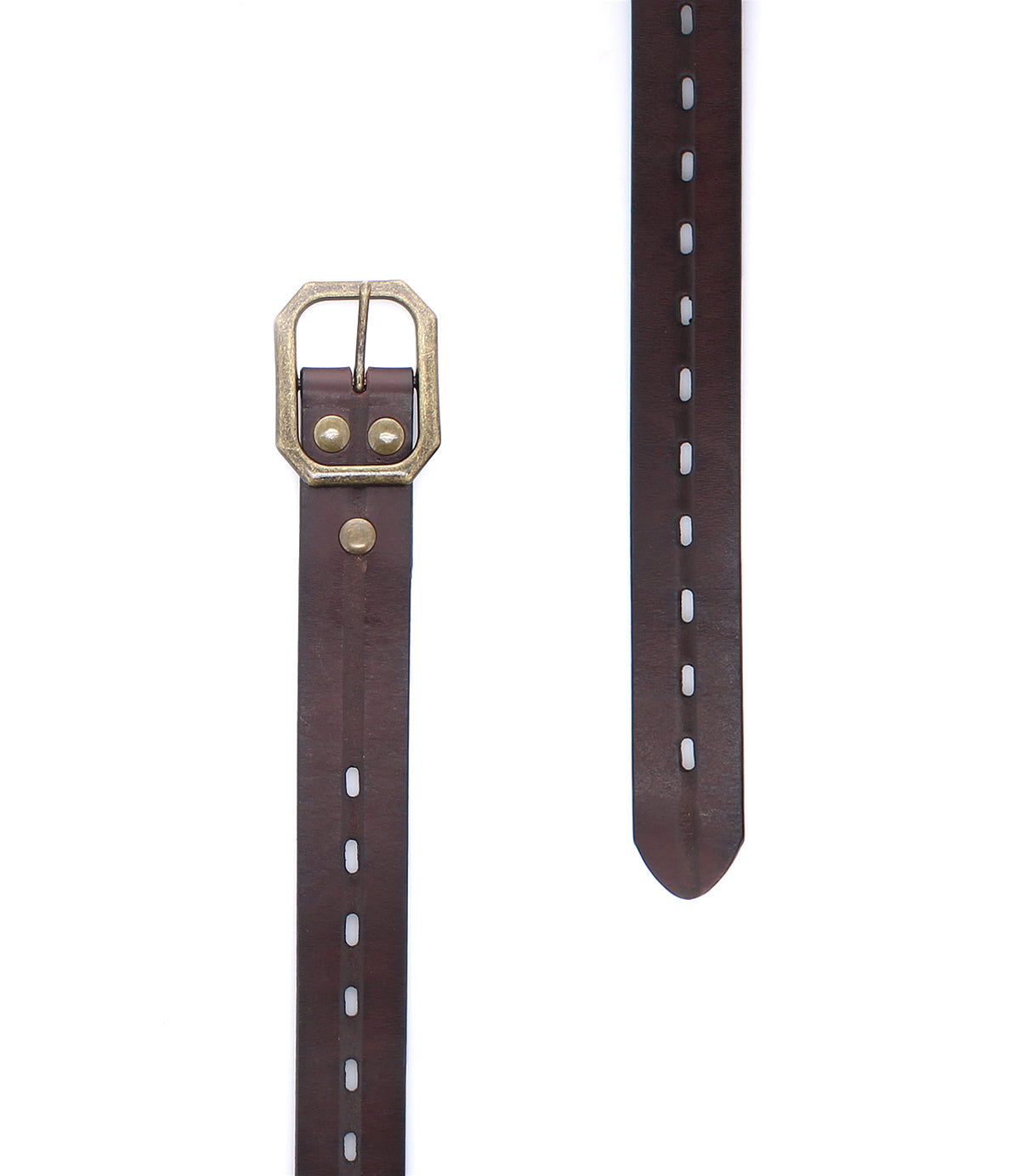 
                  
                    The Roan Waymark is displayed, featuring a brown leather strap with stitched edges, a brass buckle, and detailed stitching; one view highlights the buckle, while another shows the tapered end of the Waymark belt.
                  
                