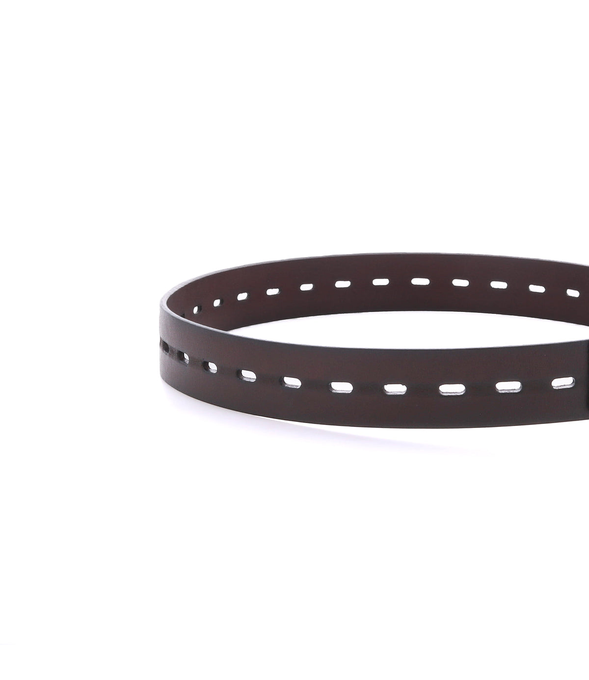 
                  
                    The Roan Waymark belt features dark brown leather with evenly spaced rectangular cutouts along its length and neatly stitched edges, displayed against a white background.
                  
                