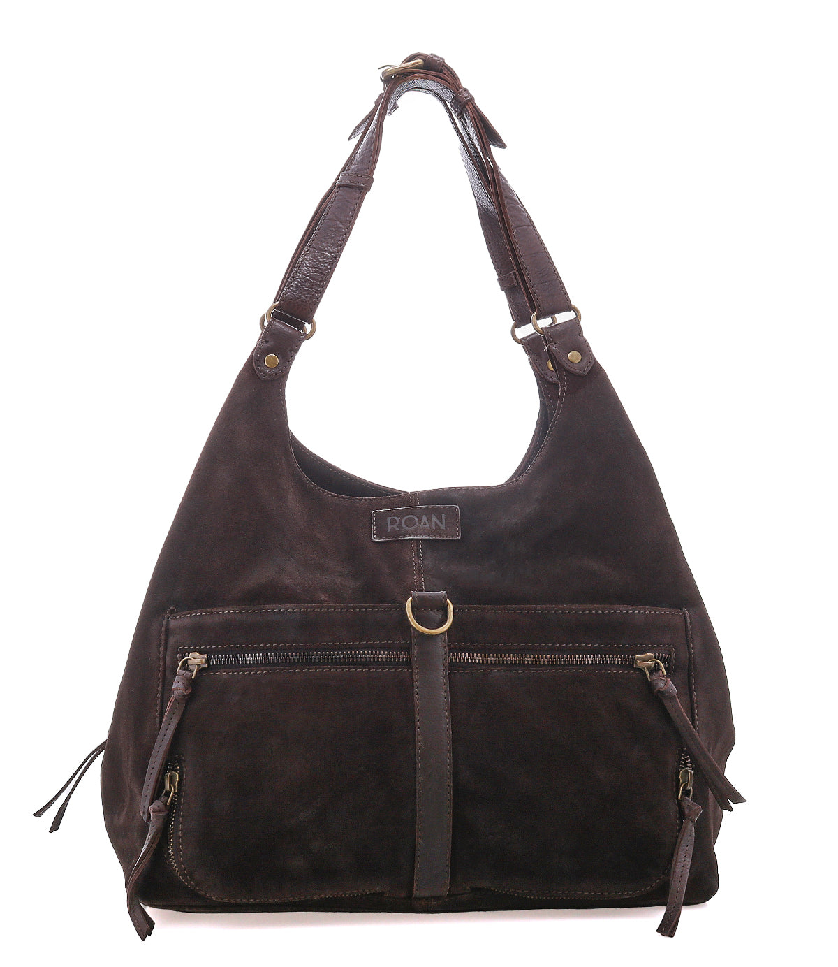 
                  
                    Roan’s Winery is a dark brown premium suede shoulder bag featuring two expandable front zip pockets, a leather strap with adjustable buckle straps, and metal hardware, displayed against a white background.
                  
                
