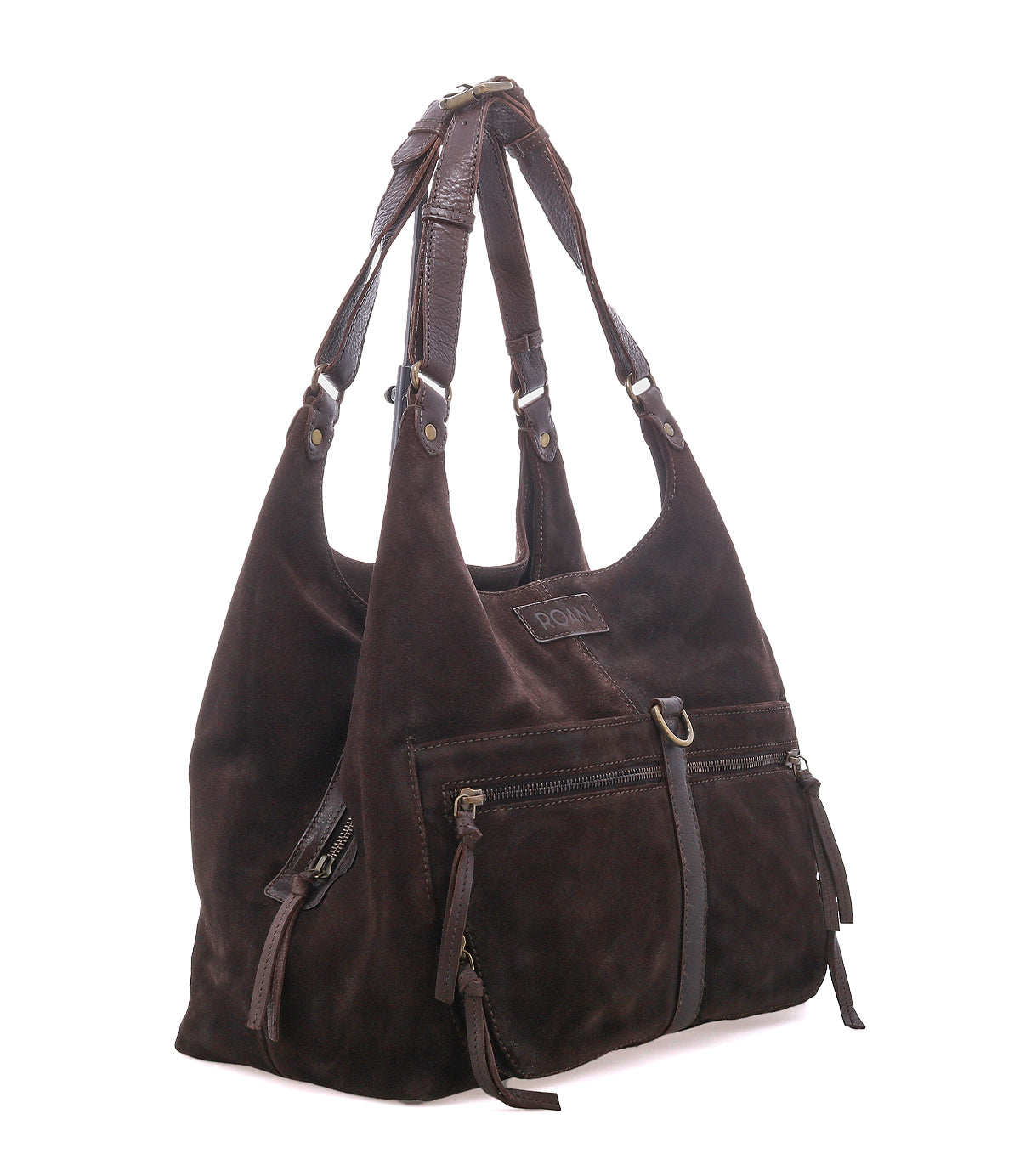
                  
                    Roan “Winery” dark brown premium suede shoulder bag with dual leather shoulder straps, adjustable buckle detailing, expandable front zip pockets, and metal hardware accents, displayed on a white background.
                  
                