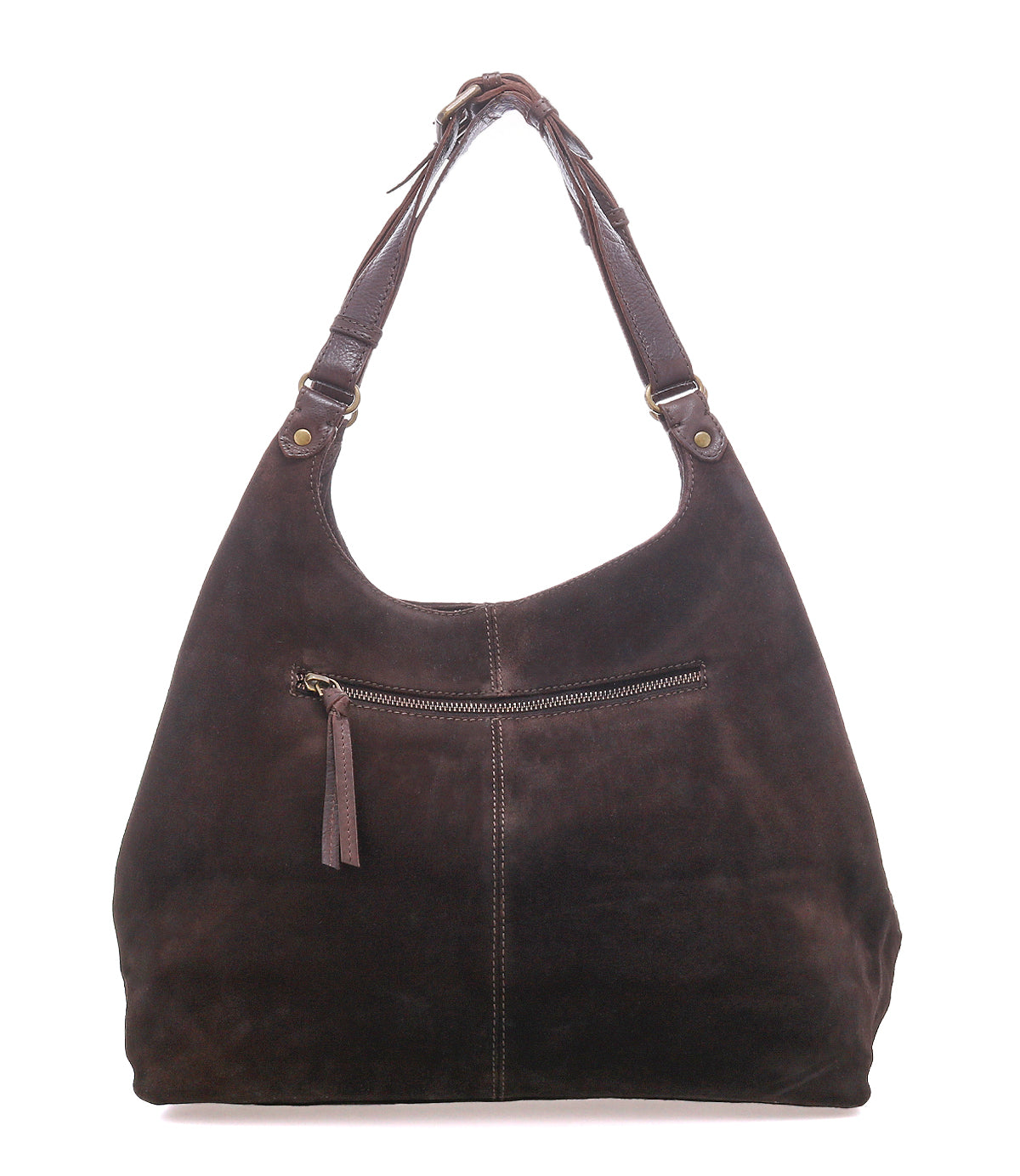 
                  
                    Introducing the Roan Winery: a large, dark brown premium suede shoulder bag featuring a single strap with adjustable buckle straps, metal hardware, and an expandable front zip pocket adorned with a leather tassel pull.
                  
                
