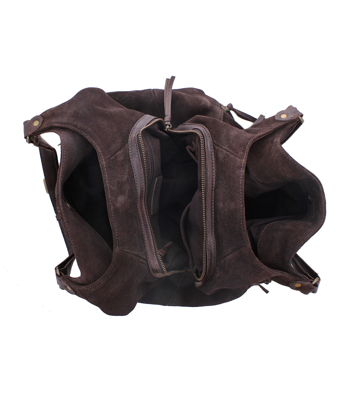 
                  
                    Introducing the Roan Winery shoulder bag: a premium suede accessory featuring adjustable buckle straps, multiple zippered compartments, expandable front zip pockets, and inner pockets—all beautifully displayed from a top view.
                  
                