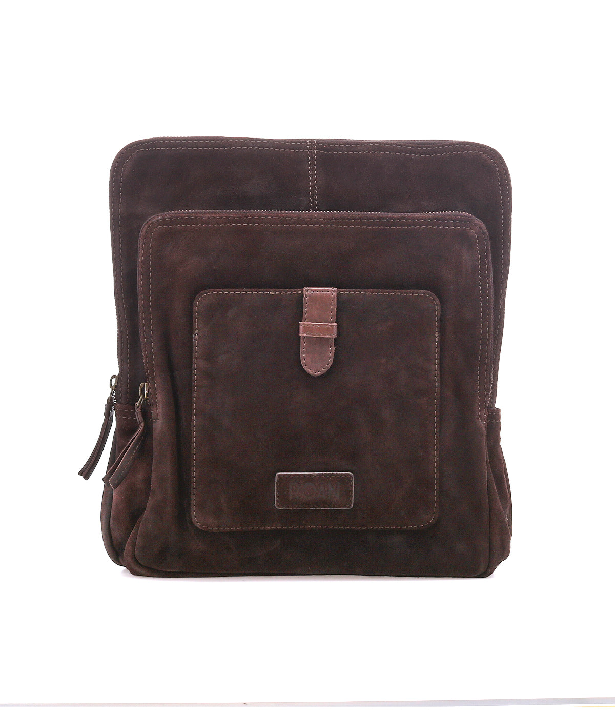 
                  
                    The Roan Yearling backpack, crafted from premium suede, features a front zipper pocket, stylish leather strap accents, prominent stitching details, and dual compartments, showcased against a white background.
                  
                