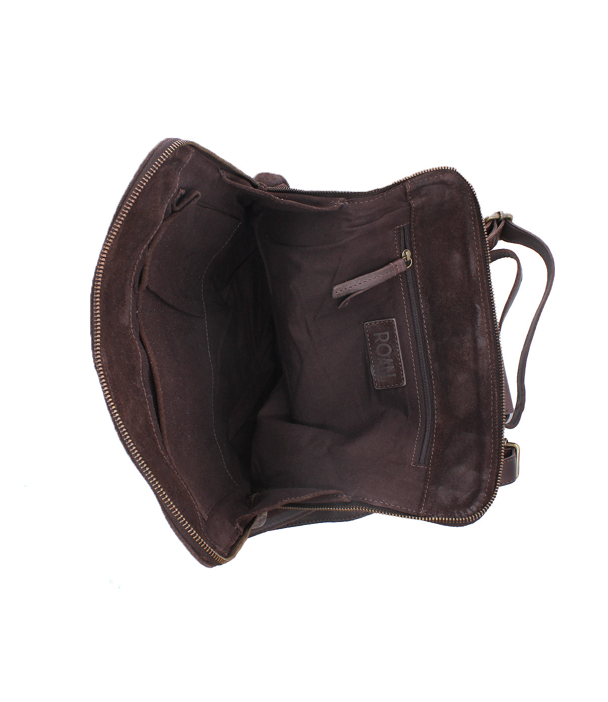 
                  
                    Open view of an empty Roan Yearling suede backpack, showcasing its visible inner pockets, leather straps, and a zipper compartment.
                  
                