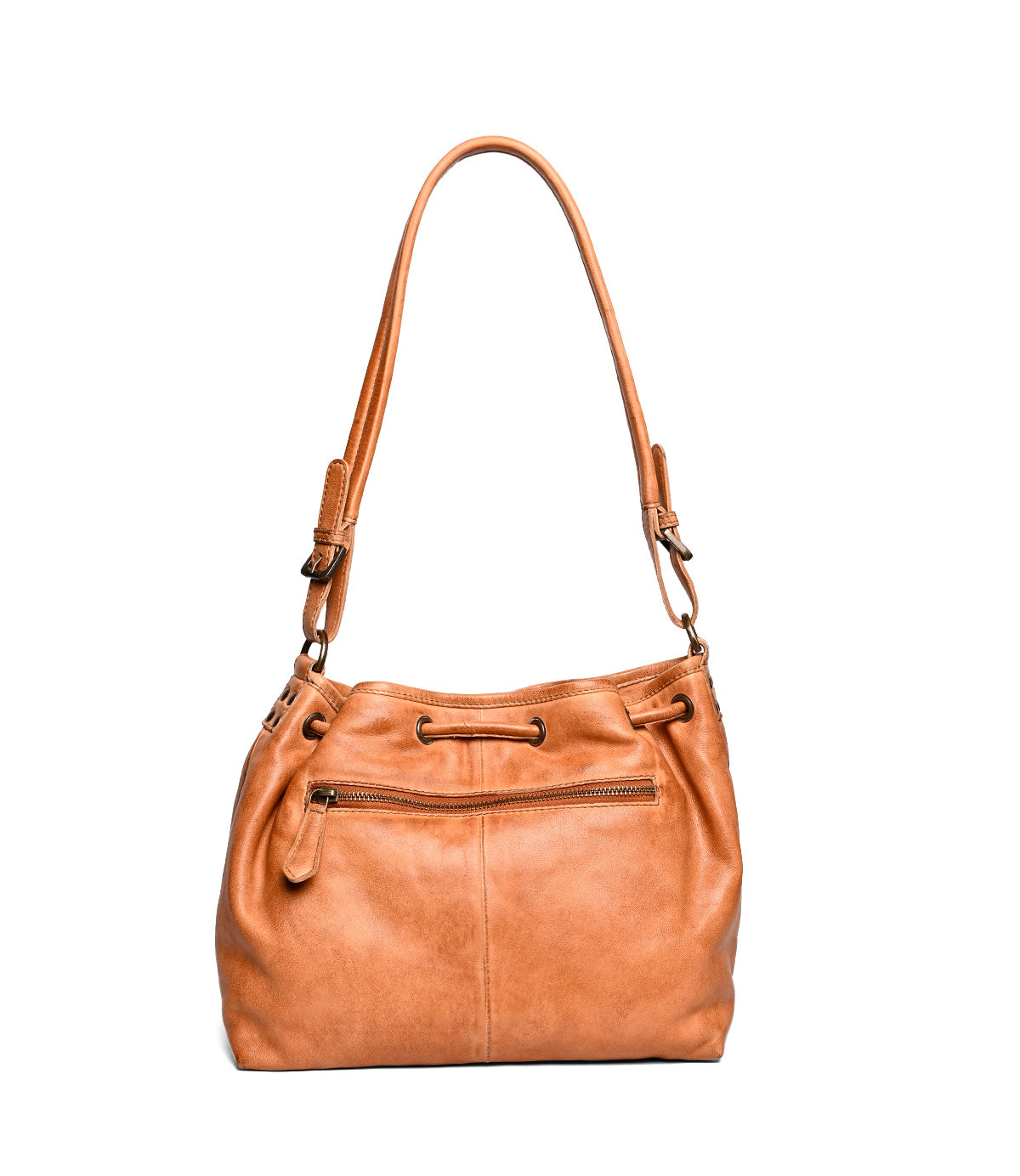 
                  
                    Roan Zone tan cow suede leather shoulder bucket bag with adjustable strap, front zipper pocket, and scrunch-style drawstring closure, shown on a white background.
                  
                