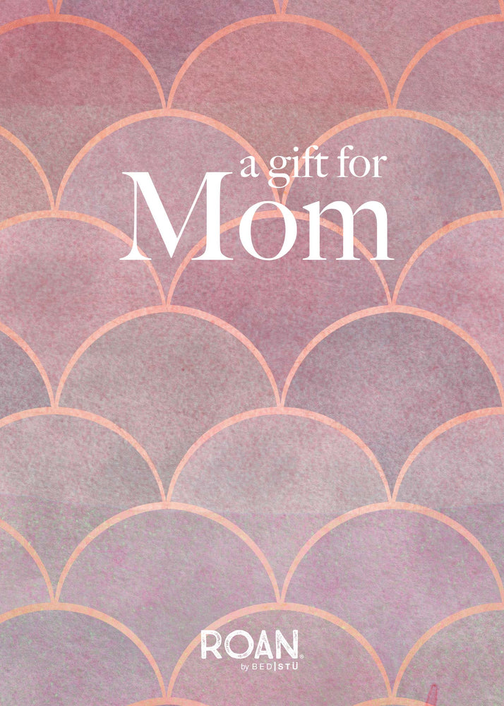 Illustration of a pink and purple scalloped pattern with text "eGift card for mom" and a logo reading "Roan" at the bottom.