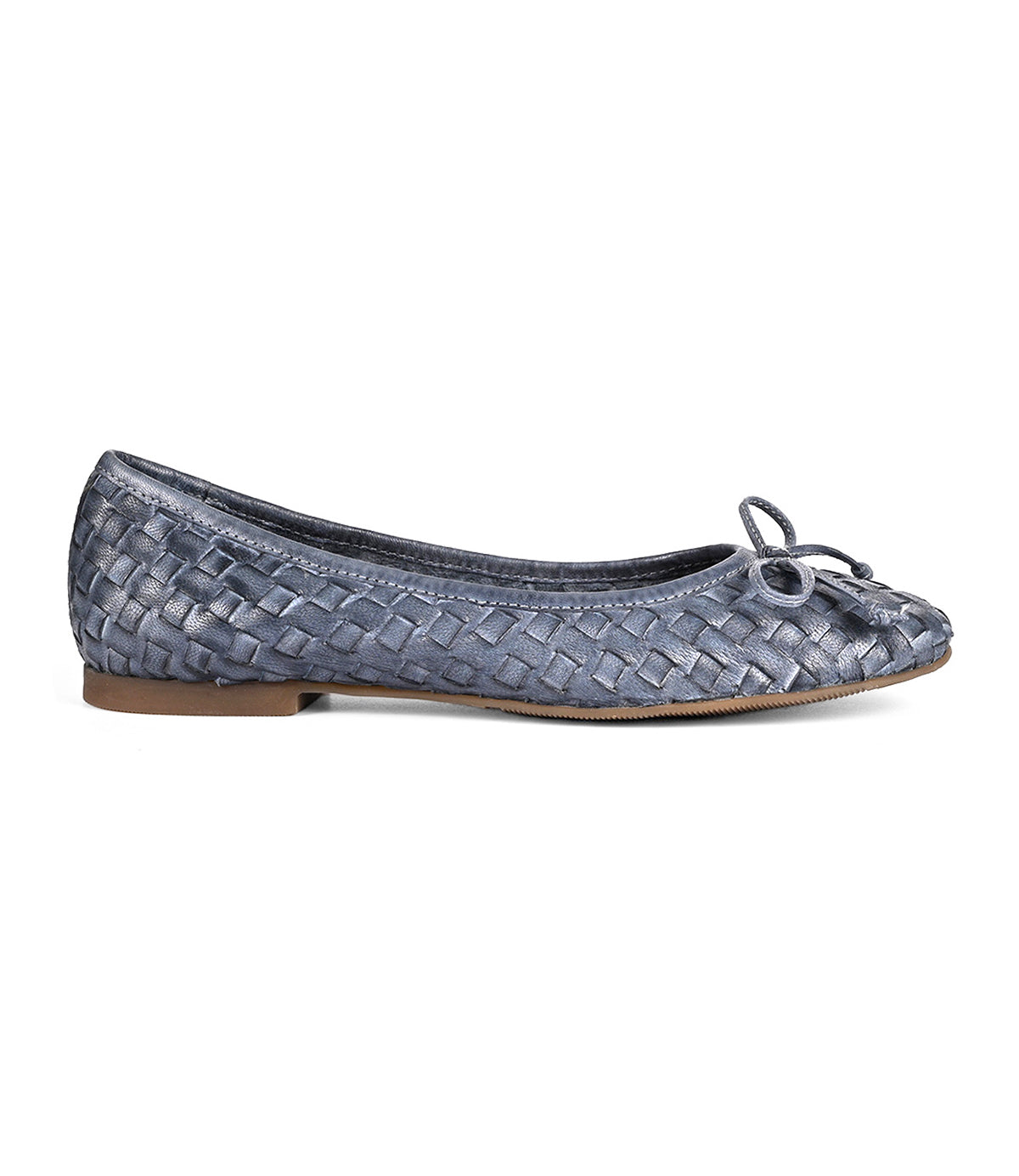 
                  
                    A single dark grey, hand-woven leather ballet flat called "Business" by Roan with a small bow on the front and a beige sole, viewed from the side.
                  
                