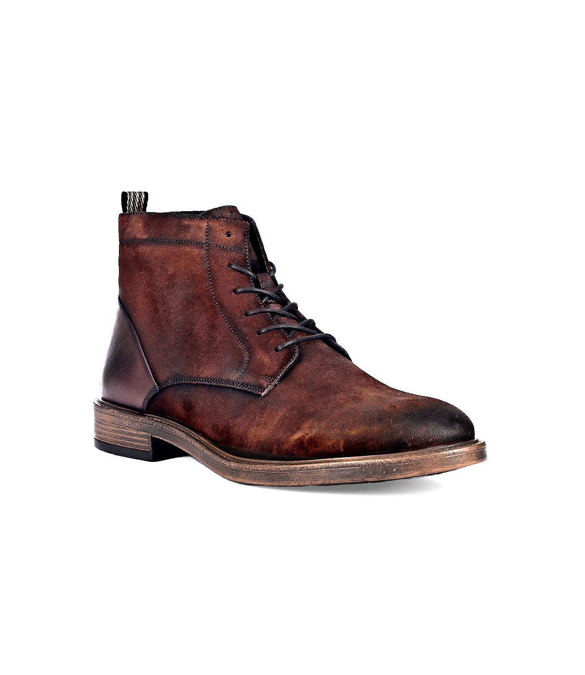 
                  
                    A Roan Joyride boot, crafted from brown full-grain leather with a wooden sole, viewed from the front-left angle.
                  
                