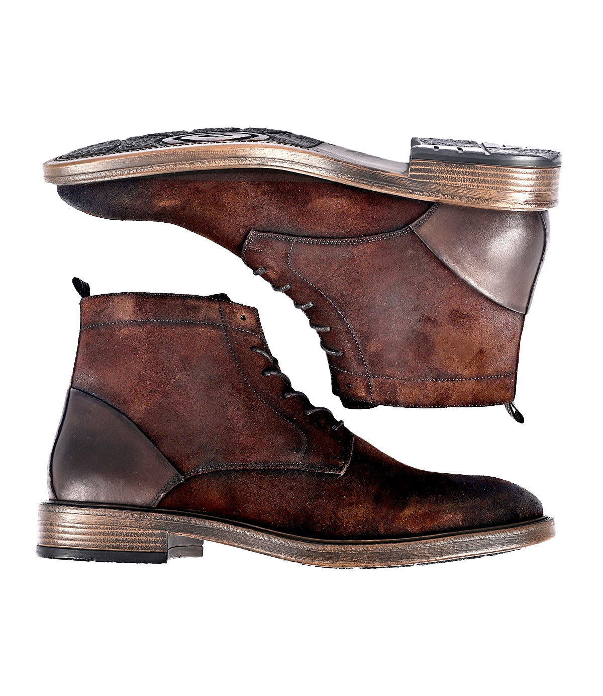 
                  
                    The Roan Joyride boots are crafted from brown full-grain leather, featuring a worn look with dark soles and stacked heels. They are displayed side by side in a lace-up design.
                  
                